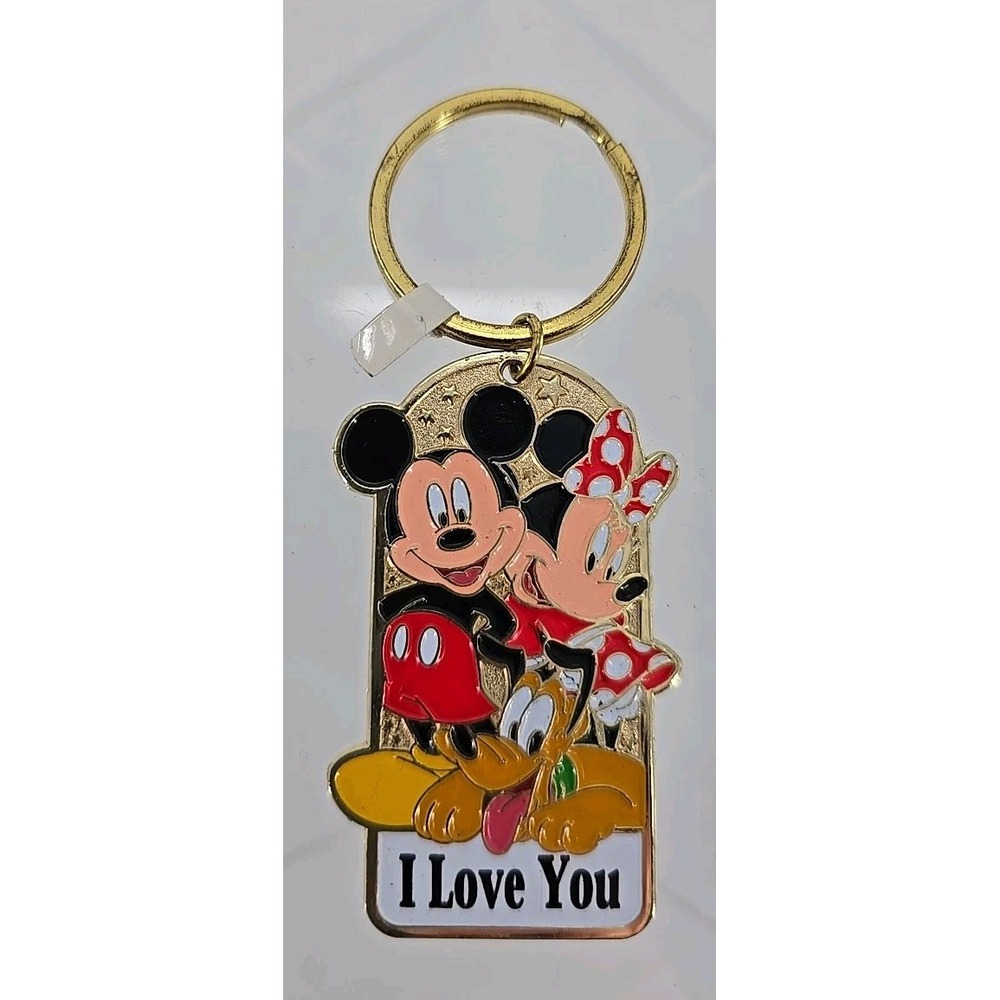 Minnie Mickey Mouse Pluto Dog "I Love You"Keychain Disney Goldtone Metal Keyring